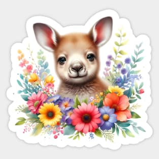 A baby kangaroo decorated with beautiful colorful flowers. Sticker